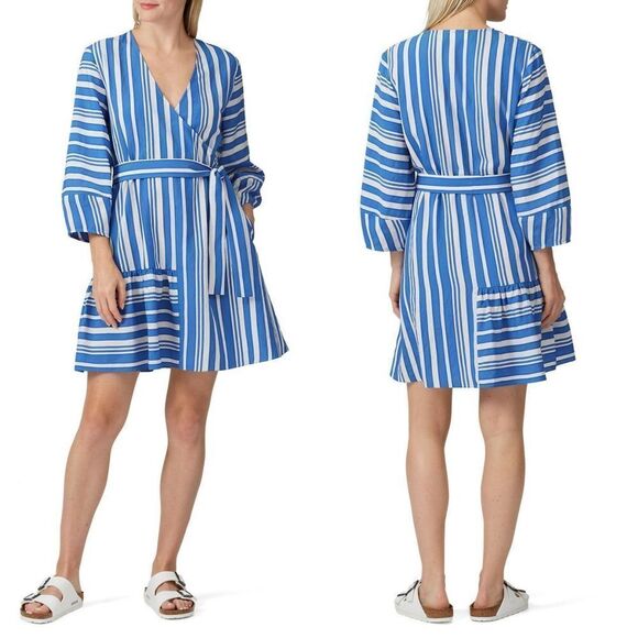 Chinti & Parker Blue Striped Crepe Parasol V-Neck Faux Wrap Oversized Dress 10 - Picture 1 of 8